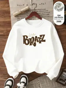 Tiger Print Bratz Letter Printed Sweatshirt, High-Quality Loose Fit Round Neck, Ribbed Cuffs and Hem, Casual All Seasons Wear