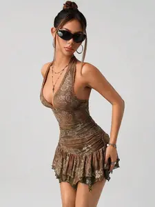 Women's Paisley Print Bodycon Mini Dress | Retro Color Block Ruched Asymmetric Sexy Club Dress | Summer Party Going Out Outfit