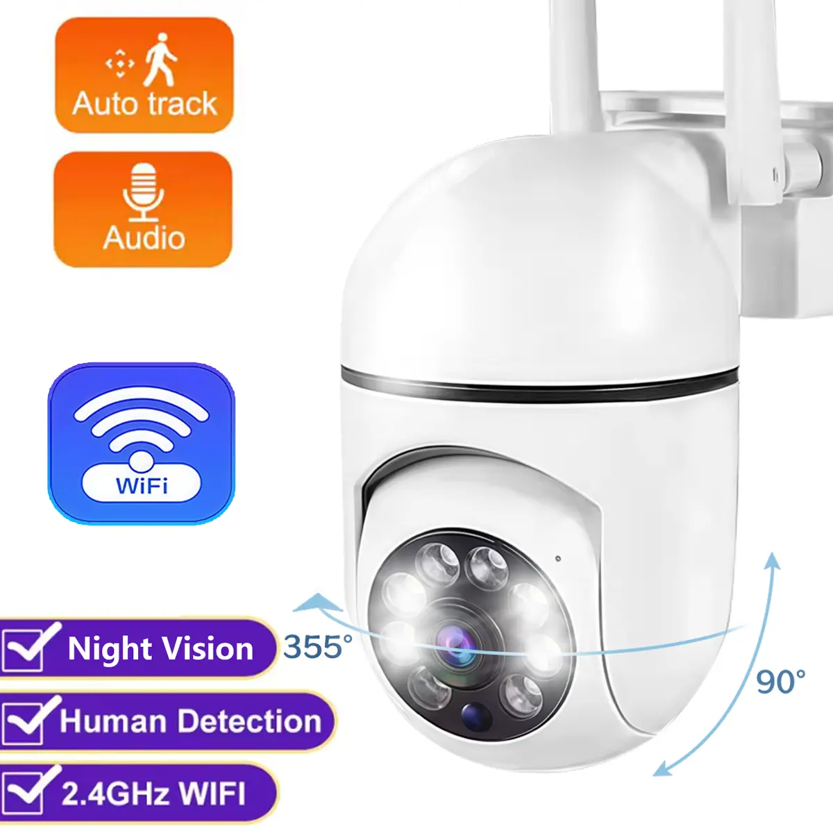 Home Security Camera,Intelligent Motion Detection Alert,2.4G WiFi Wireless Home Camera, 355°Rotatable Lens, Color Night Vision, Two Way Talk,Dual Storage Options,Room Household Safety Camera, Home Security CCTV