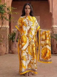 Elegant Silk Shawl Set, Silky Lightweight Floral Print Long Dress & Scarf, Sun Protection Beachwear, Casual Fitted Style, All Seasons