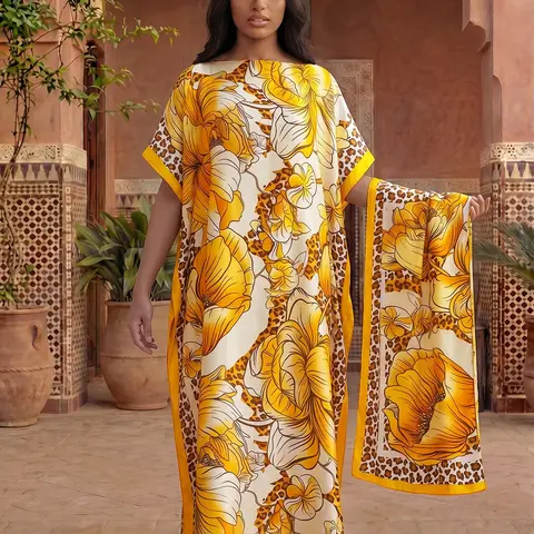 Elegant Silk Shawl Set, Women Silky Lightweight Floral Print Long Dress & Scarf, Sun Protection Beachwear, Casual Fitted Style, All Seasons, Casual Everyday Wear