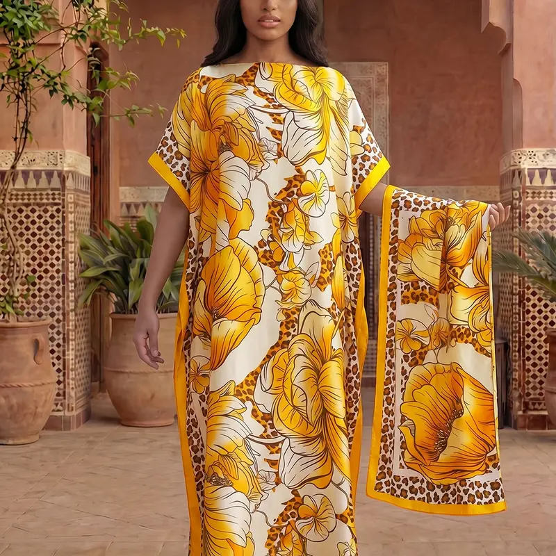 Elegant Silk Shawl Set, Women Silky Lightweight Floral Print Long Dress & Scarf, Sun Protection Beachwear, Casual Fitted Style, All Seasons, Casual Everyday Wear