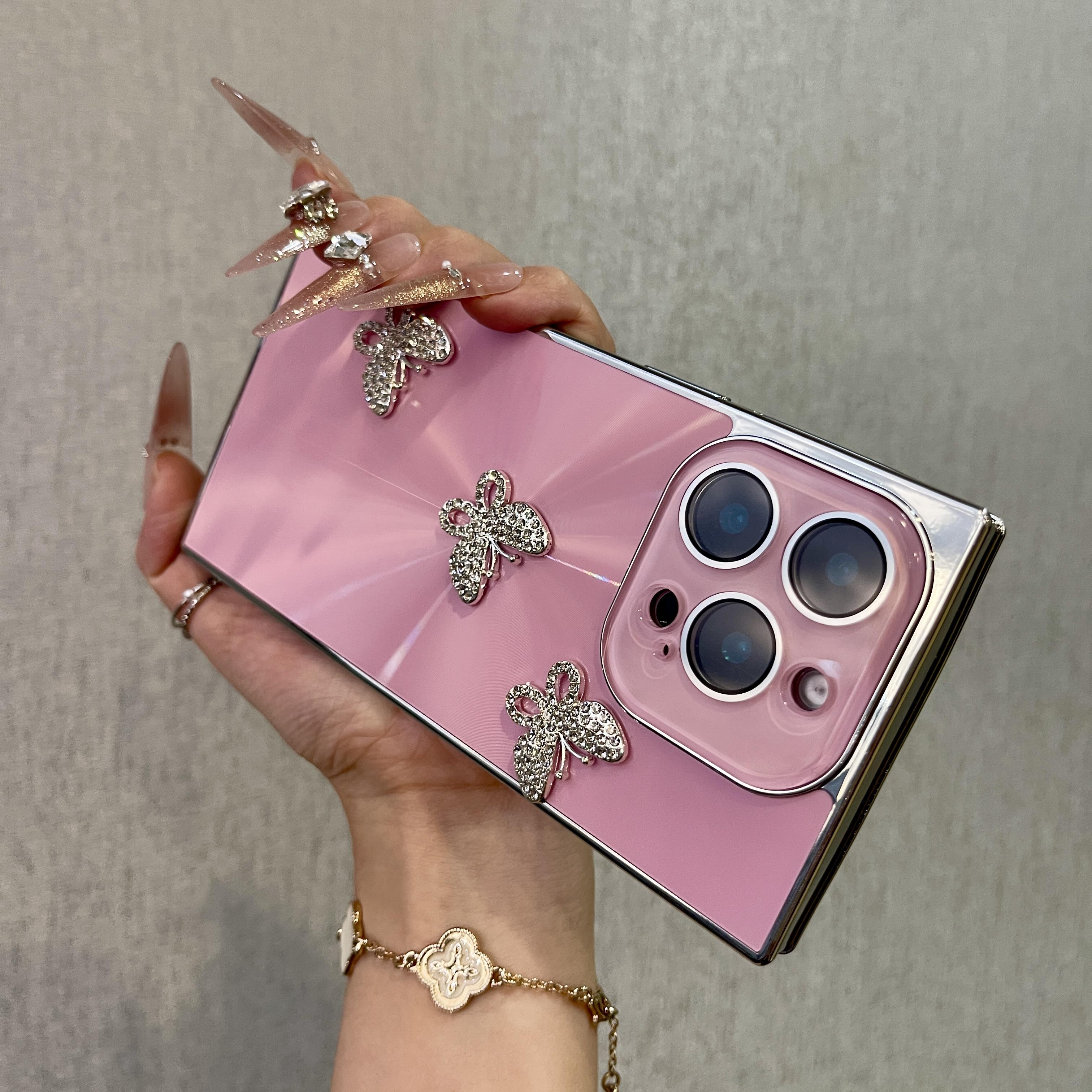 Luxury 3D Rhinestone Butterfly Square Edge Phone Case, Bling Glitter Electroplated Full Camera Protection Shockproof Cover for junk