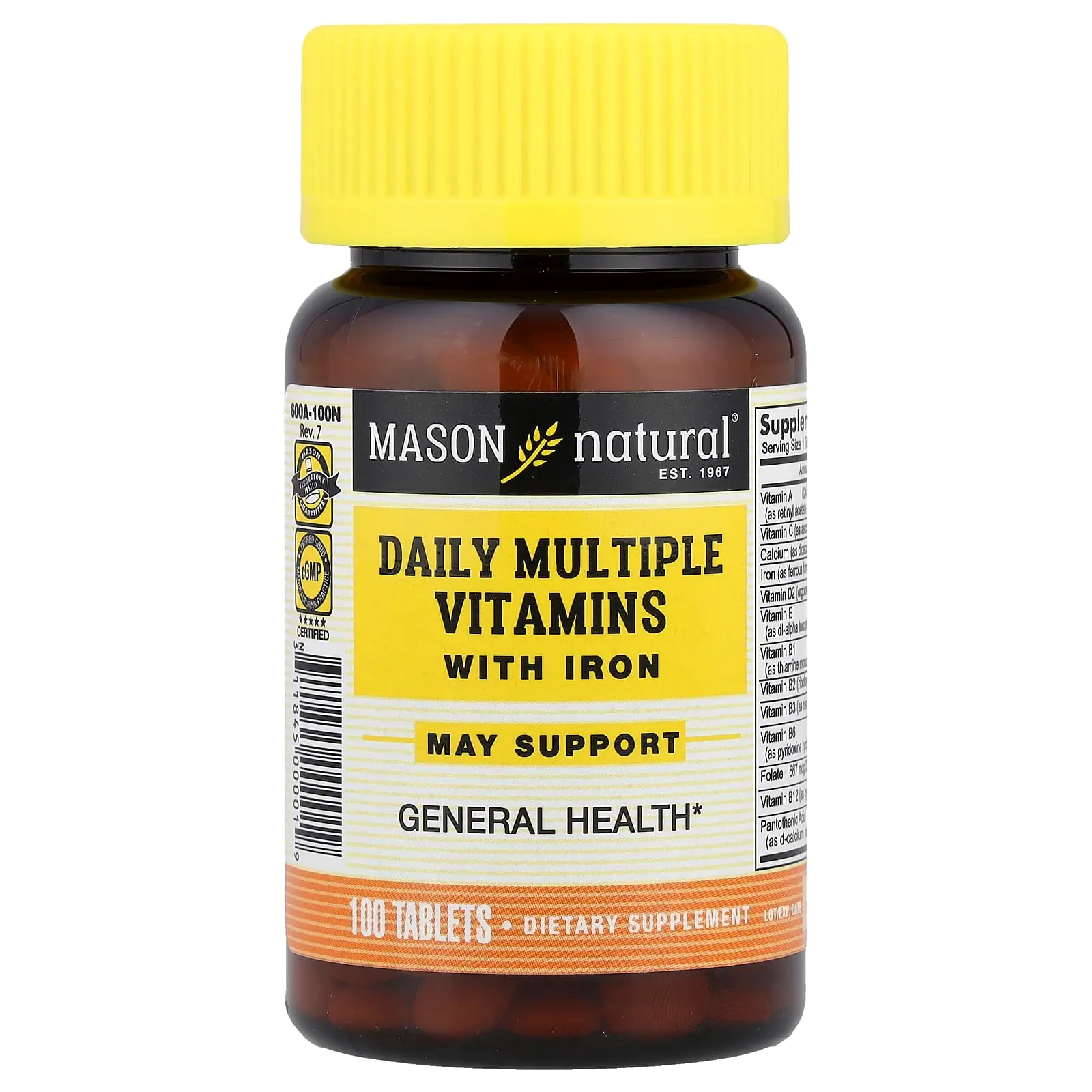 Mason Natural Daily Multiple Vitamins with Iron, 100 Tablets