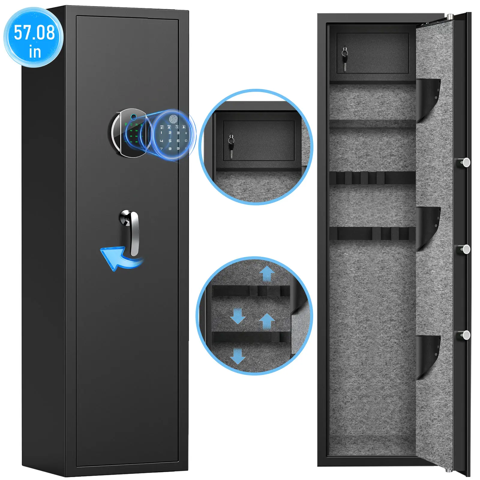 Kavey 4-6 Fingerprint Gun Safe, Gun Safes for Home Rifles and Pistols, Quick Access Gun Cabinet for Rifles and Shotguns with Backlit Backlit Keypad, Rifle Safe with Drawer and 3 Gun Racks, Fingerprint Lock, 4-6 Capacity