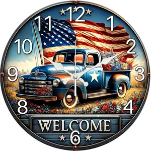 Vintage Truck Flag Wall Clock Wooden Wall Clock Silent Clock Battery Operated (Battery Not Included) Home Decor Perfect for Valentine's Day Easter St. Patrick's Day Halloween Christmas and More. Holiday Decor The Perfect Gift.