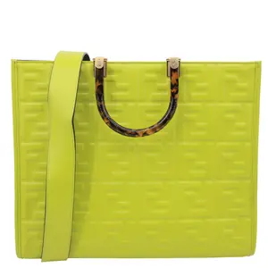 Pre-owned FENDI Leather Tote Bags Sunshine Medium Zucca Embossed Shopper Tote Bag Green