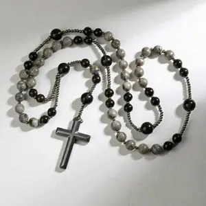 Natural Obsidian Yooperlite Rosary Necklace UV Reactive Protection Necklace Hematite Stone Cross Pendant Necklace Gift for her, gift for him