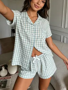 Women's Two-Piece Sleepwear Pajamas Set, Mint Checkered Classic Design, Bow Detail, Loose Fit, Casual All Seasons Loungewear Wear