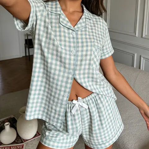 Women's Two-Piece Sleepwear Set, Mint Checkered Classic Design, Bow Detail, Loose Fit, Casual All Seasons Wear