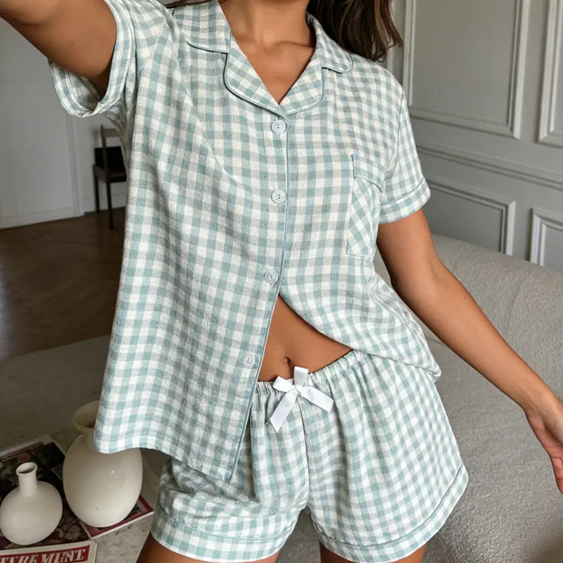 Women's Two-Piece Sleepwear Set, Mint Checkered Classic Design, Bow Detail, Loose Fit, Casual All Seasons Wear