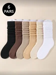 Classic Loose Mid-Calf Socks, 6 Pairs, Multi-Color Combination, All-Season Comfort, Classic Sports Style, Breathable Short Socks, Women