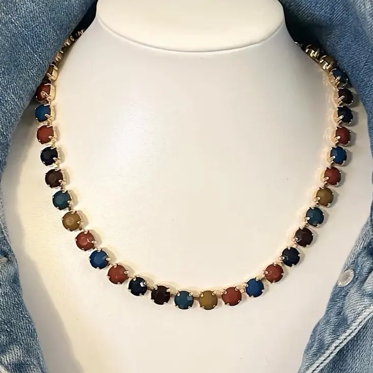 The Leslie Bead Necklace - Costume Jewelry with Earth Tones, Multicolor Beads, Gold Metal Coating Accents, Casual Daily Wear, Choking Hazard Small Parts Note, Jewel Candy Vibes, Rhinestones, Beaded Chain, Multicolored