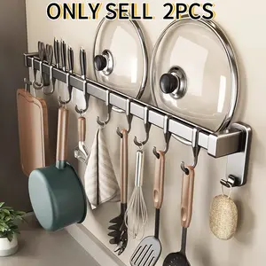 2PCS Wall Mounted Multifunctional Kitchen Storage Rack, Punch-Free Organizer for Pot Lids, Rags, Spatulas and Spoons, Space-Saving Hanging Rod with Hooks, Easy Install, Sturdy Kitchen Utensil Holder for Home Cooking Tools Organization