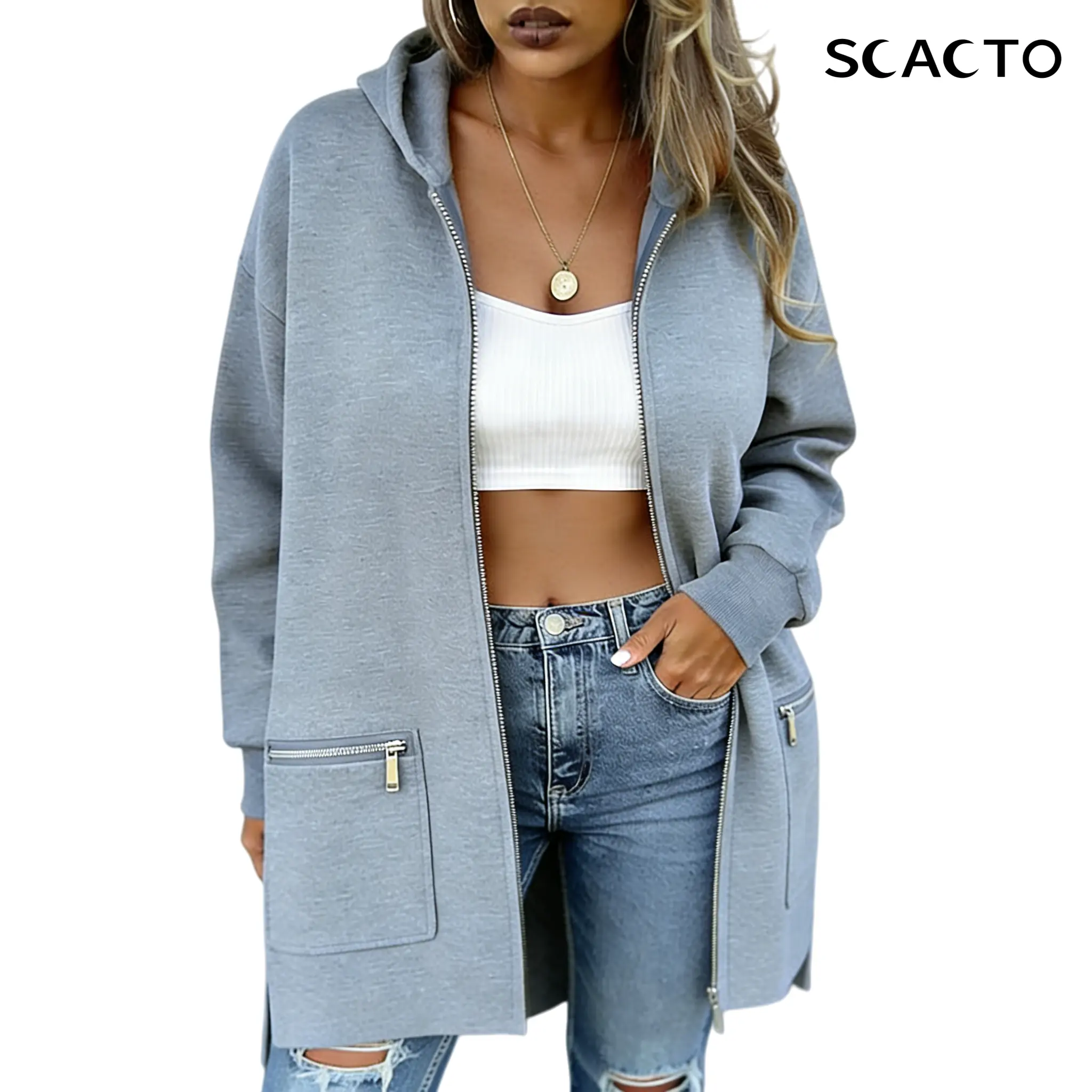 Scacto Women's Long Sleeve Fitted Striped Knit Tunic Hoodie - Cotton-Polyester Basic Tops Sweatshirts, Zip-Up Hood, Comfortable, Asian Sizes Including 2XL, Check Size Chart, Grey, Longsleeves