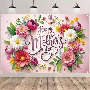 Happy Mother's Day Backdrop Banner,Dreamy elegance Pink Floral Wreath Garland Decorations, Durable Polyester Fabric Photo Booth Prop, Reusable Easy to Clean, Perfect for Mother's Day Brunch, Family Gathering, Photo Shoot, Home Decor, Gift for Mom Grandma
