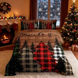 Kids Merry Christmas Comforter Set,Geometric Grid Pine Snowflake Bedding Set,Girls Boys Adults Bedroom/Xmas Decor,Brown Plank Down Comforter,Rustic Vintage Duvet Insert