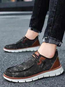 New Men's Vintage Tie-Dye Denim Patchwork Leather Casual Shoes, Slip-On Soft Sole Lightweight Commuter Shoes, All-Season Breathable Canvas Shoes