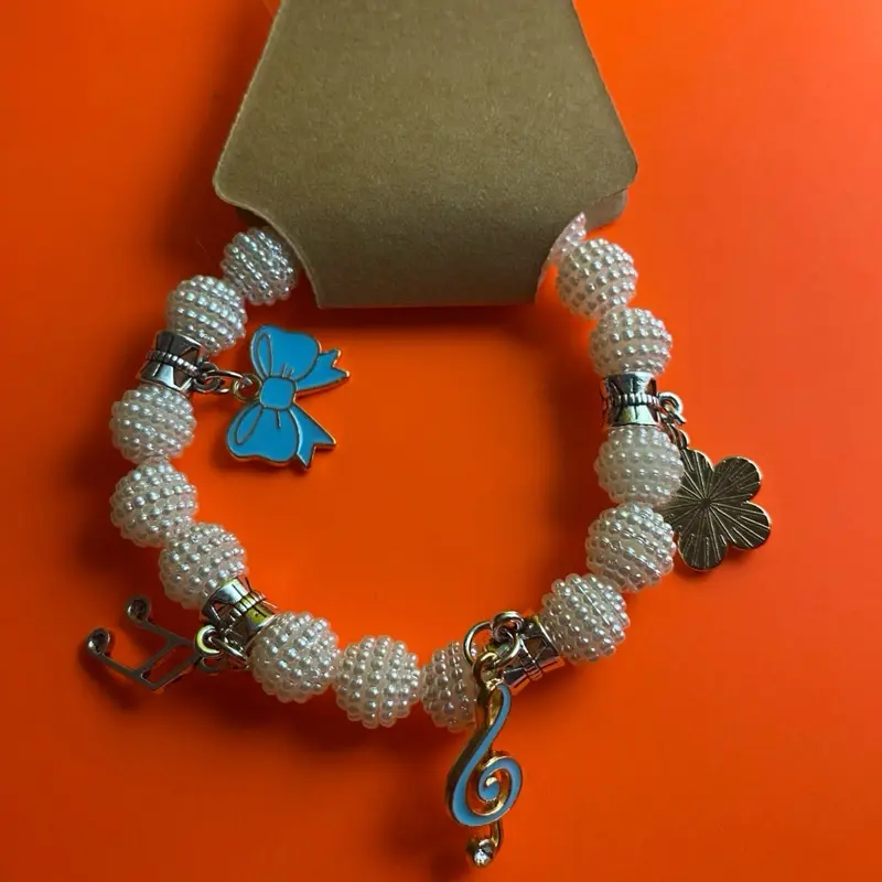 Premade Bracelets and Beaded Fancy Pens with Pearl Design and Blue Bow Charm Accessories