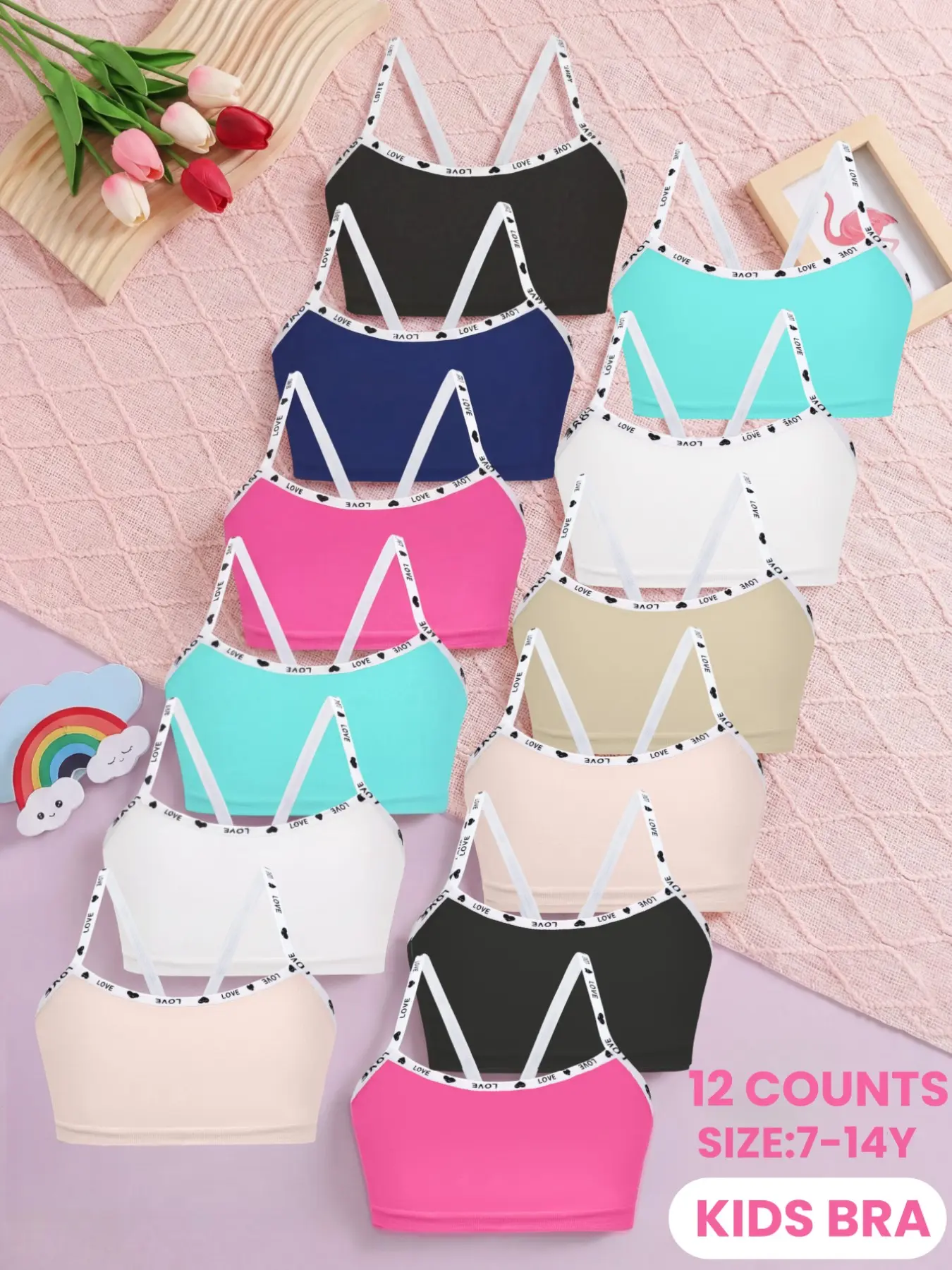 Letter Print Cute Girls Bralette 7-16 Years, Seamless Breathable Single Layer Sports Underwear for Teens，All Seasons, Teen Bras