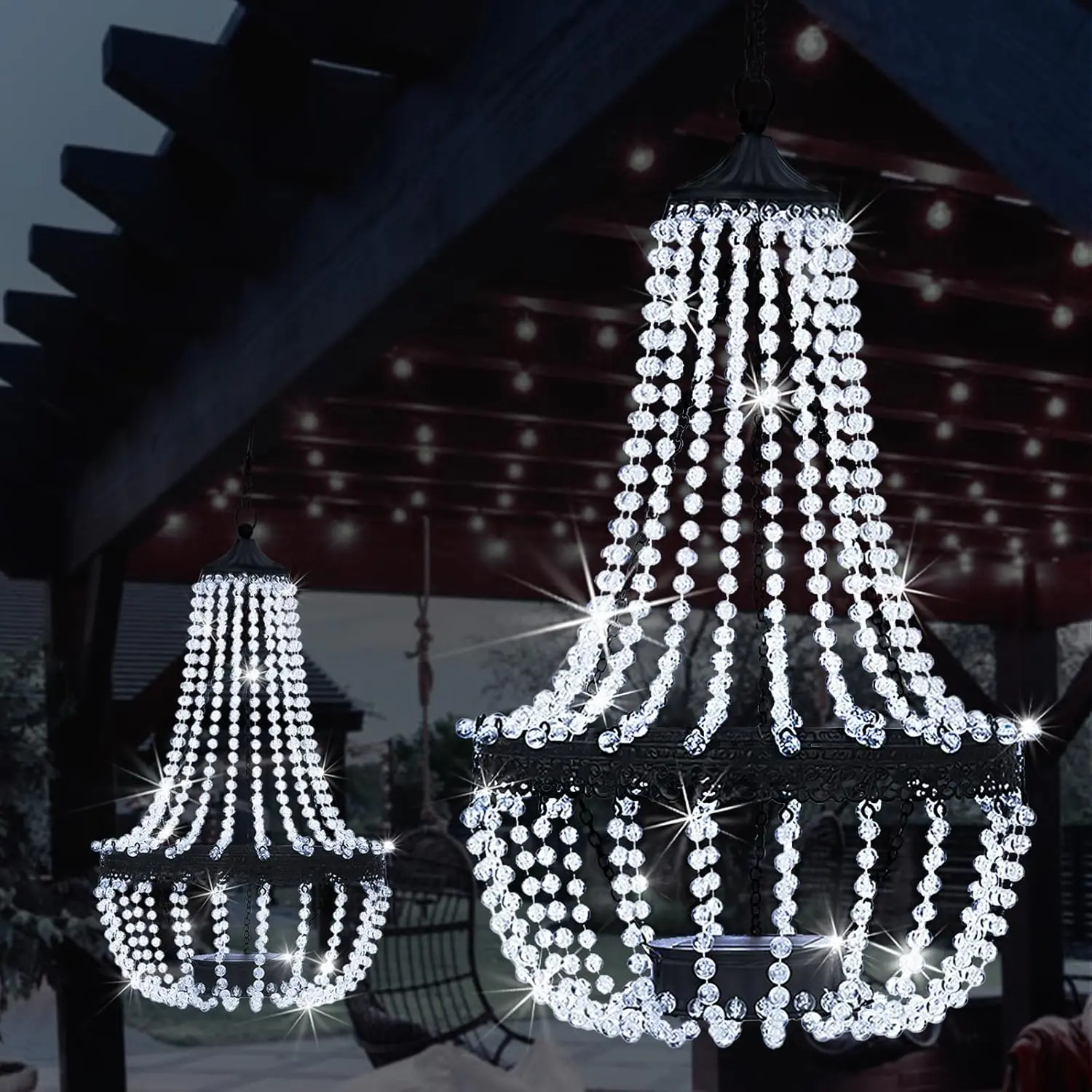Hanging Solar Chandelier Outdoor, 30 Cool White Lights  Clear Beaded Chandelier with S Hooks Modern Lantern for Garden Yard Patio Gazebo Decorations, 28H