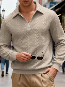 Men's Half-Zip Knitted Polo Sweater, Casual Long Sleeve Ribbed Hem Pullover, Fall Winter Warm Textured Sweatshirt, Knitwear Menswear