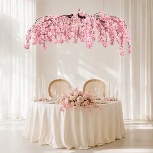 Cherry Blossom Floral Chandelier 60" Blush – Hanging Artificial Silk Flower Ceiling Canopy with Interchangeable Branches
