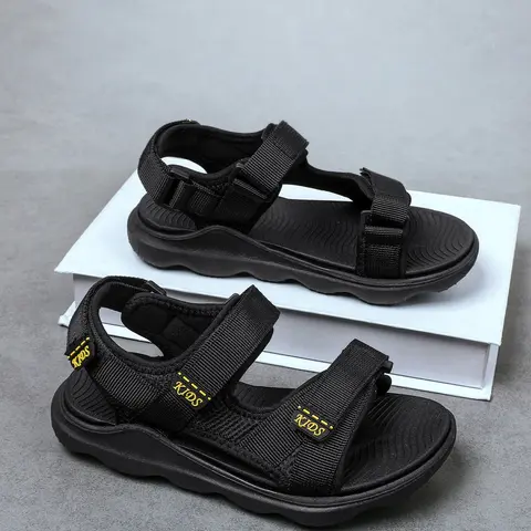 Boys' Spring Summer Beach Velcro Fastening Sandals, Dual Buckle Design, Fashionable Outdoor Shoes, Colorblock, Adjustable Velcro, Easy On/off, Pure Textile Upper