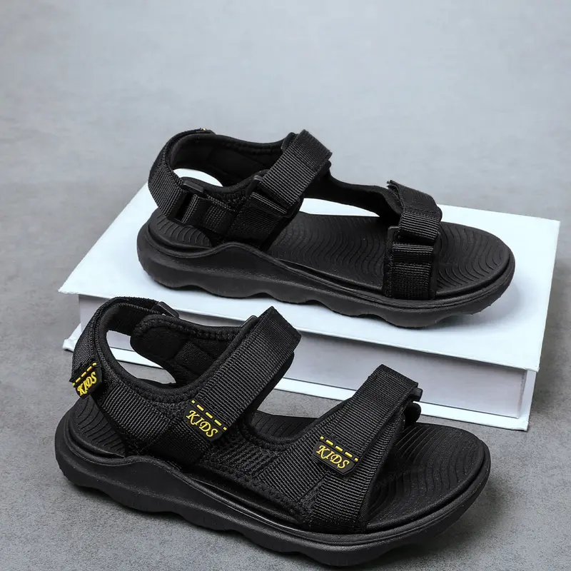 Boys' Spring Summer Beach Velcro Fastening Sandals, Dual Buckle Design, Fashionable Outdoor Shoes, Colorblock, Adjustable Velcro, Easy On/off, Pure Textile Upper