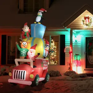 Outsunny Christmas Inflatables Outdoor Decorations Santa Claus Drives a Gift Car with Elk, Elf and Two Penguins, Blow-Up LED Yard Christmas Decor for Garden, Lawn