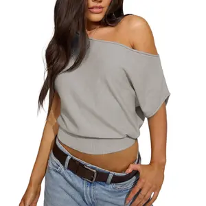 Hixiaohe Women Off the Shoulder Knit Tops Cropped Asymmetric Cinched Waist Dolman Sleeve Shirts Oversized Sexy Summer Sweater