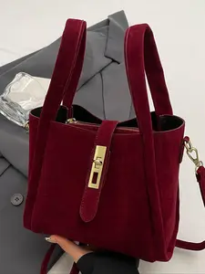 Simple hand-held shopping basket bag, high-end commuting and versatile with large capacity, retro suede texture, metal lock design hand-held crossbody bag, versatile and suitable for daily commuting, office workers, etc., Everyday bag