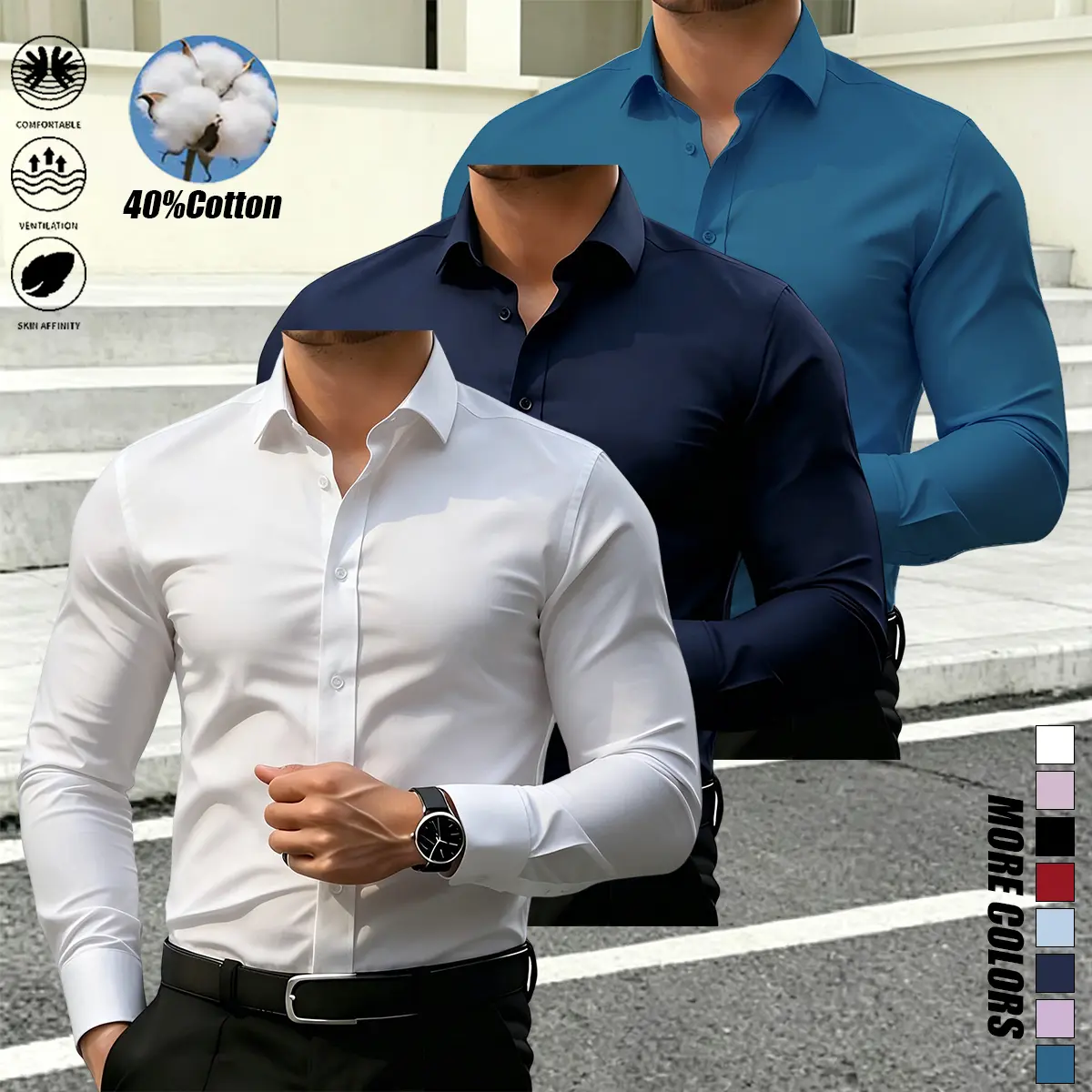 3-Pack Men's Shirts: Casual Shirt, Formal Shirt, Turn-down Collar Shirt Button-up shirt, men’s long-sleeve shirt, suitable for everyday wear, work, and parties