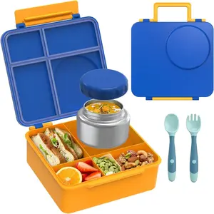 Bento Lunch Box Set for Kids with 8oz Insulated Soup Container, Leak-Proof 4 Compartment Lunch Containers, Insulated Hot Food Jar and Foldable Fork Spoon for School (Blue)