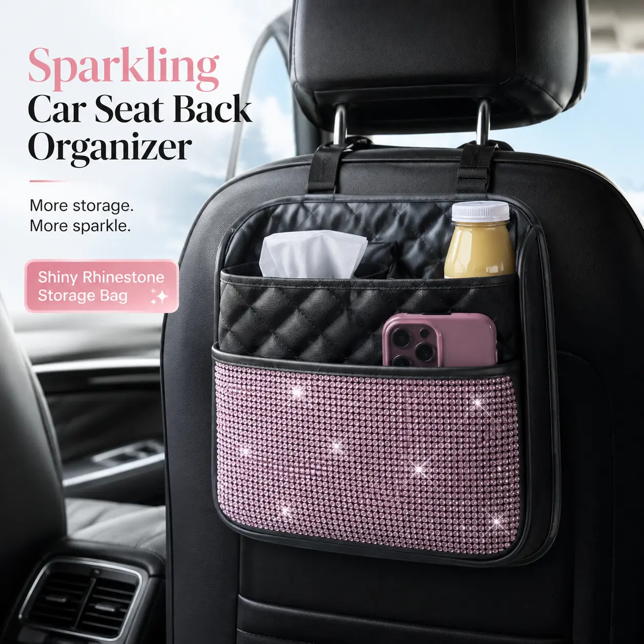 Bling Car Seat Back Organizer, Rhinestone Backseat Storage Bag with Hanging Pocket for Phone, Tissues, Bottles and Small Items