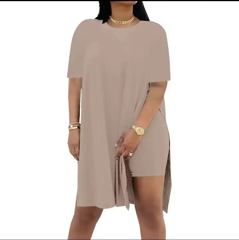 Women's Khaki 2-Piece Loungewear Set - Short-Sleeve Side-Split Long Tunic Top, High-Waist Biker Shorts - Loose Casual Matching Outfit for Home, Shopping, Daily Wear