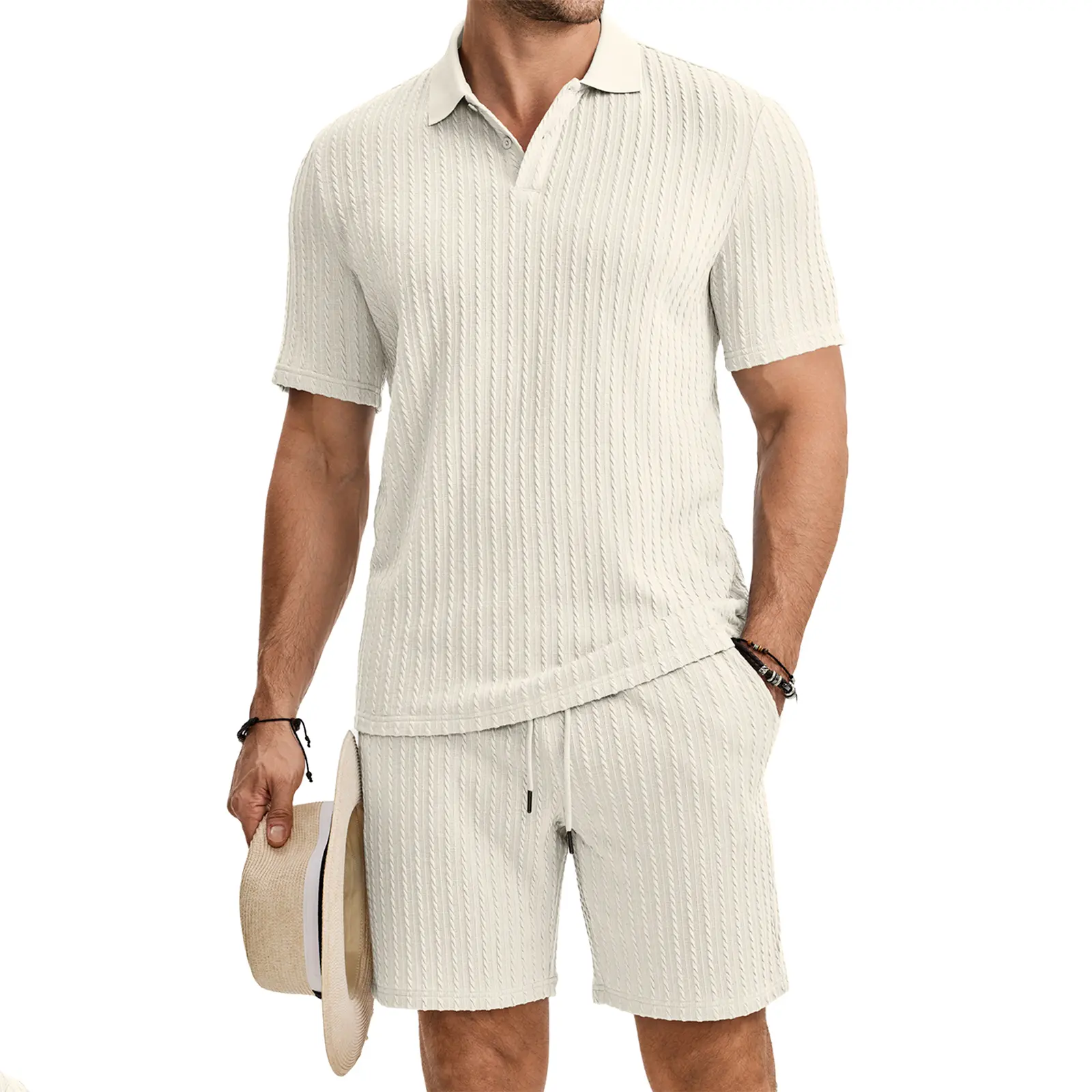 JMIERR Men's Summer Beach Outfits 2 Piece Jacquard Knit Lounge Short Sleeve Shirts & Shorts Vacation Texture Sets
