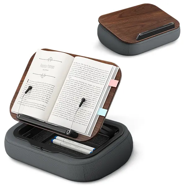 Viozon Lap Book Pillow Stand with Storage, Adjustable Beanbag Reading Pillow with Dark Wood Panel, Multi-Angle Book Holder for Hands-Free Reading in Bed or Sofa,Book Lover Essential,Soft Cushion