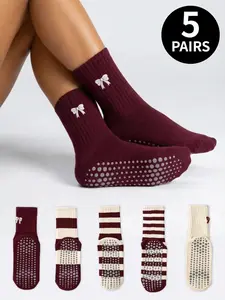 5 Pair of Women's Striped Bow Mid-Calf Socks, ideal for fitness, dance, Pilates, and indoor workouts; non-slip yoga socks; Angora red colorway Womenswear