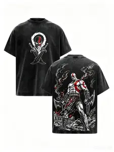 Kratos God of War Graphic Tee, Retro 90s Distressed Cotton Unisex Oversized T-Shirt, High-Resolution 2D Vector Back Print Pure Black Streetwear Outfits, Trendy Gamer Merch Leviathan Axe Casual Tops, The Best Perfect Everyday Gaming Gifts For Men!!