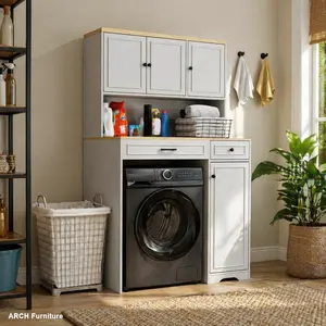 Antique White Wood Grain Over-the-Appliance Storage Cabinet - Anti-Tip Indoor Furniture Cupboard with 1 Laundry Basket, 1 Fake Drawer, 2 Adjustable Shelves for Compact Washers, Dryers, House Organizers