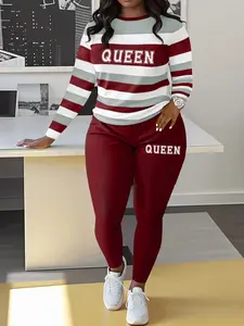Women's Striped Letter Print Casual Fall Winter Set, Round Neck Long Sleeve Top & Pants, Fitted Regular Length