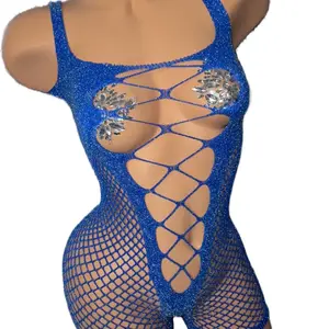 Royal Blue Teddy Lingerie with Sparkling Decor and Fishnet Design
