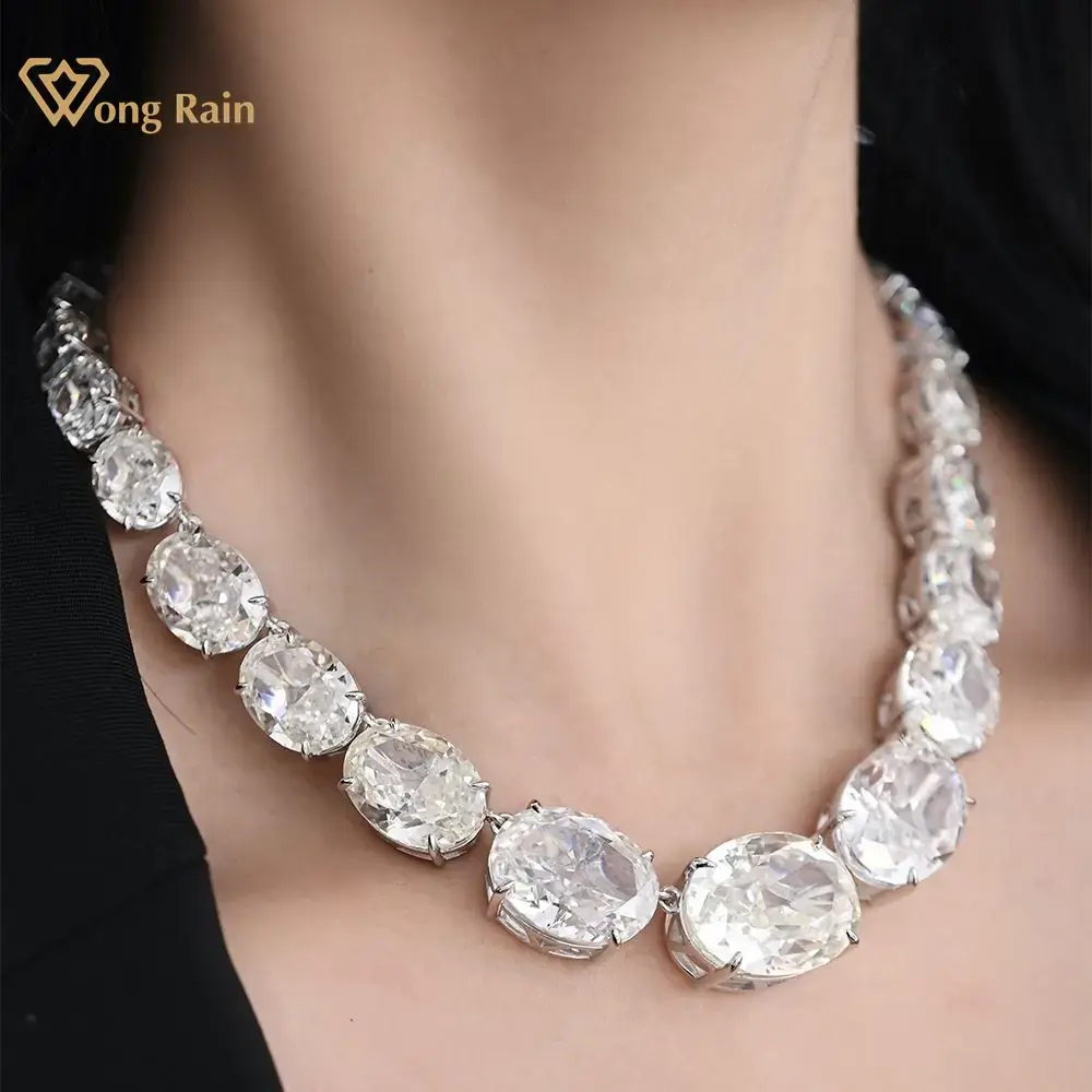 Wong Rain Luxury 925 Sterling Silver G Color Crushed Ice Cut Oval Simulated Moissanite Gemstone Pendant Necklace Fine Jewelry Wong Rain
