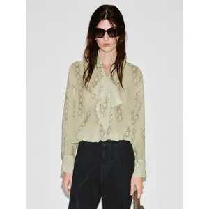 URBAN REVIVO Women's Polyester Snake Print Long Sleeve Blouse - 2026 Spring Thin Light Fabric, Yellow Scarf Neck, Fitted Overhead Shirt