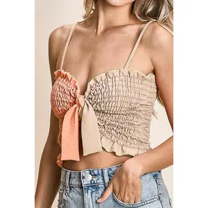 BiBi Woven Color Block Smocked with Ribbon Bra Top