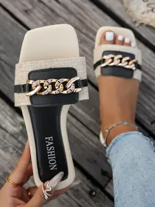 Elegant Rhinestone Metal Chain Sandals, Colorblock Thick Sole Slippers, Vacation Commute Versatile Outdoor Wear, New Year Women's Shoes