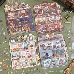 Girls 3D Miniature Scene Stickers, 4 Sets Sticker Packs Magic Apprentice DIY House Stickers, Cute Cartoon Scene Stickers for Kids & Adults, Crafts, Imagination, Creativity, Detective