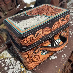 Genuine Western Cowhide and Tooled Leather Jewelry toiletry Case Box
