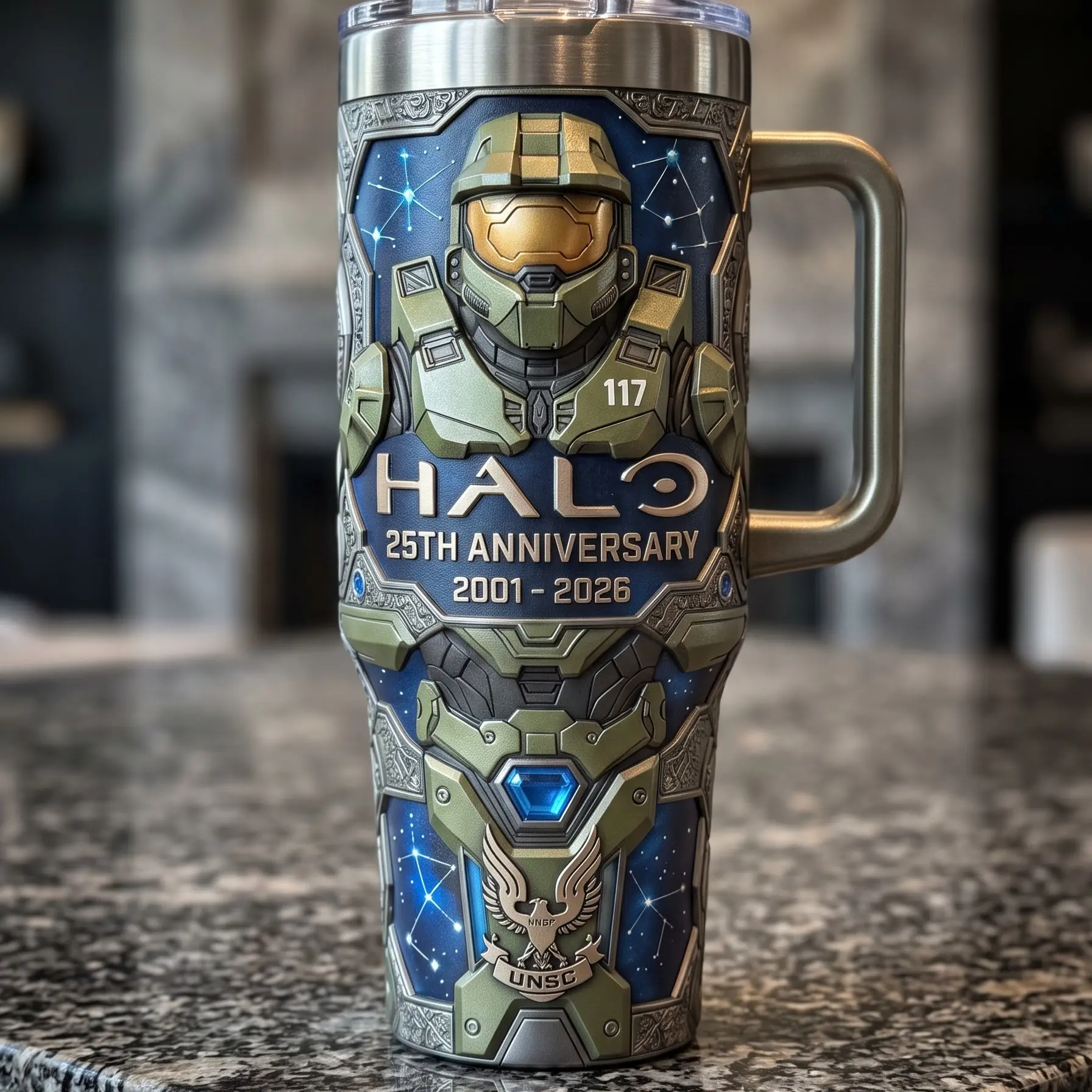 HAL0 25th Anniversary Black Handle Tumbler 40oz, Legends Never Die, HALO merch unique cup